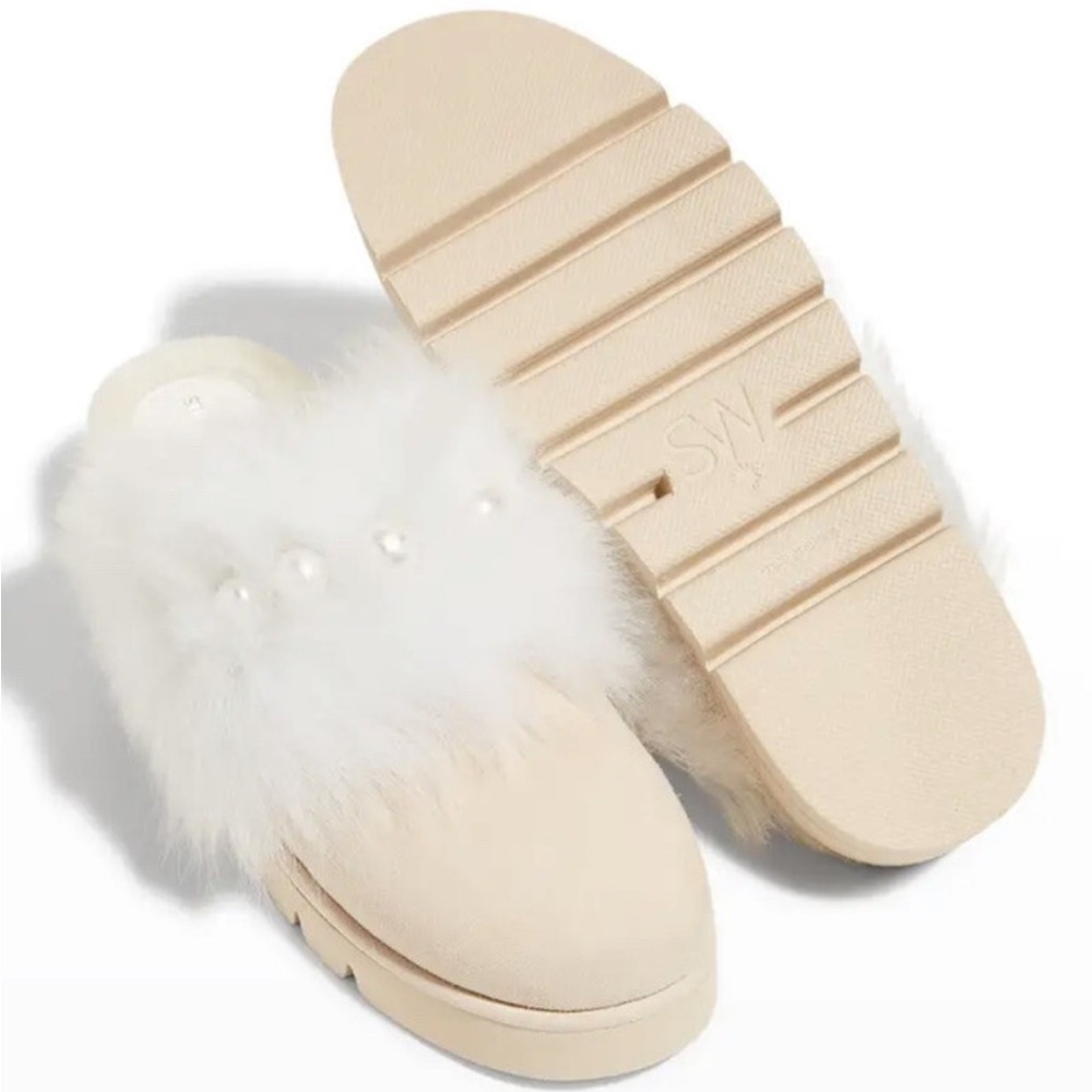 Stuart Weitzman Roza Lift Shearling Suede Pearly Cream Fur Slides Mules 8.5